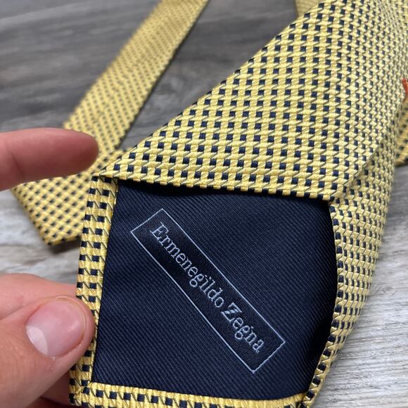Ermenegildo Zegna Yellow Men 58" Basketweave Geometric Check Silk Italy Made Tie - Picture 7 of 8